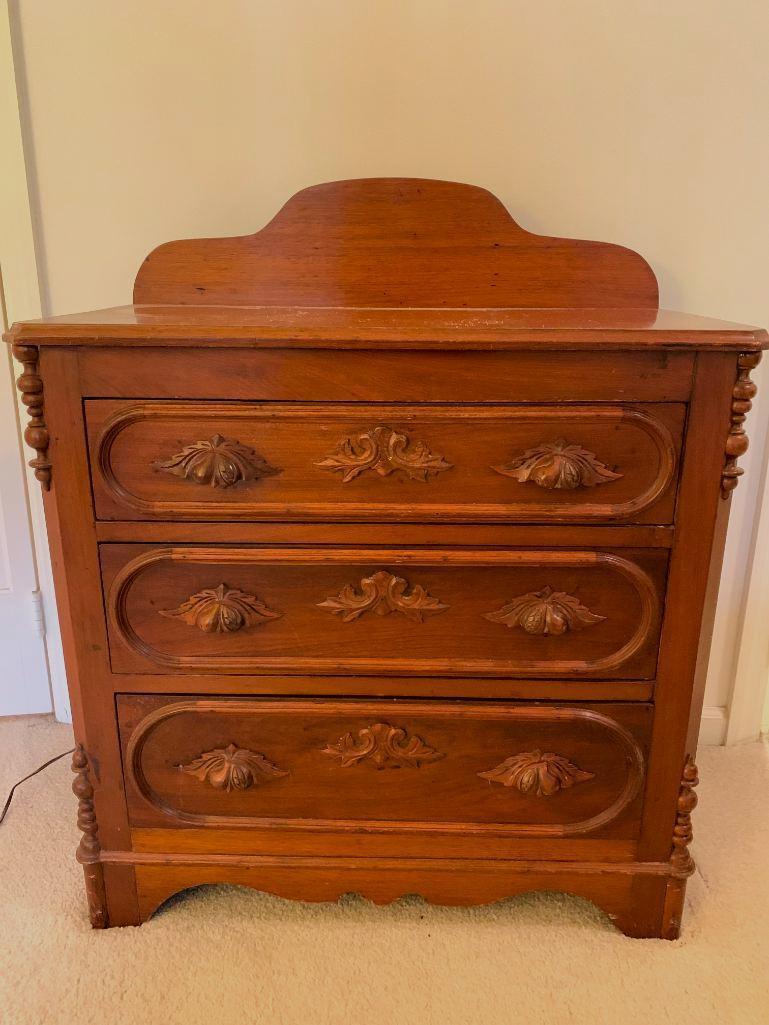 Small Antique Side Dresser w/3 Drawers & Ornate Handles. This is 34" T x 29" W x 16" D