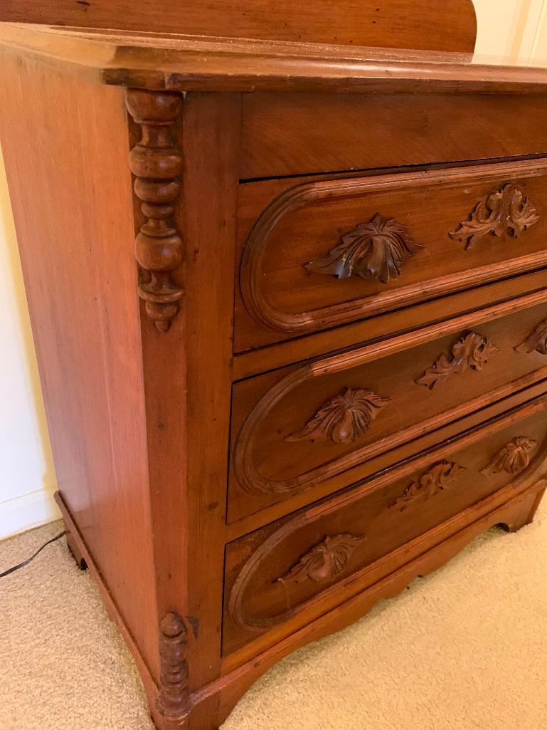 Small Antique Side Dresser w/3 Drawers & Ornate Handles. This is 34" T x 29" W x 16" D