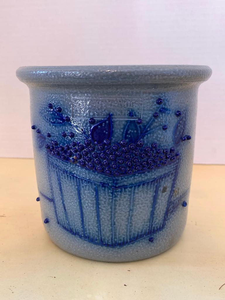 Salmon Falls Stoneware Crock w/Blueberry Design. This is 5" T x 6" W