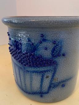 Salmon Falls Stoneware Crock w/Blueberry Design. This is 5" T x 6" W