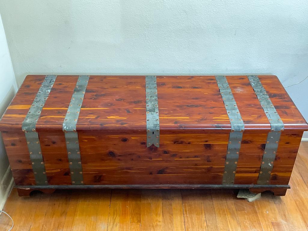 Large Hope Chest. No Brand Marked. This is 22" T x 59" W x 21" D. Veneer is Peeling in Areas