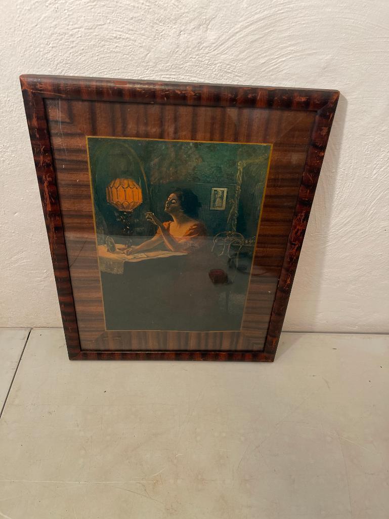 Antique Print of Lady and Lamp, Frame is 15 1/2" and 19 1/2"