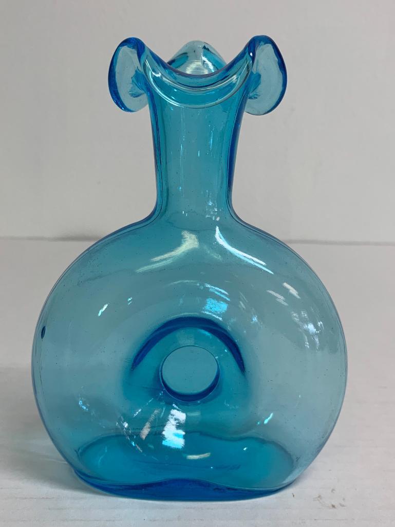 7" Ruffled Top Blue Glass Vase