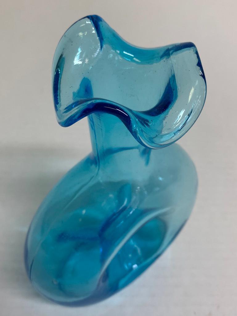 7" Ruffled Top Blue Glass Vase