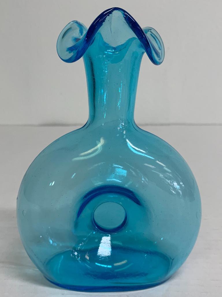 7" Ruffled Top Blue Glass Vase