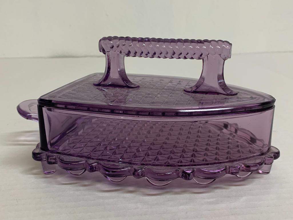 2" x 8" Vintage Purple Glass Flat Iron Butter Dish