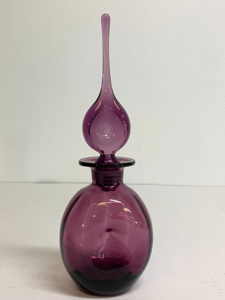 12.5" Vintage Blenko Amethyst Pinched Bottle w/Pinched Stopper