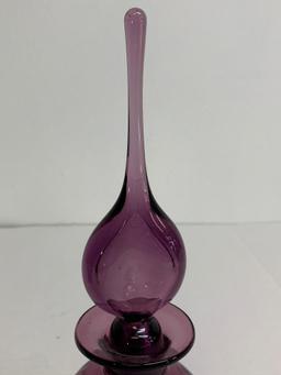 12.5" Vintage Blenko Amethyst Pinched Bottle w/Pinched Stopper