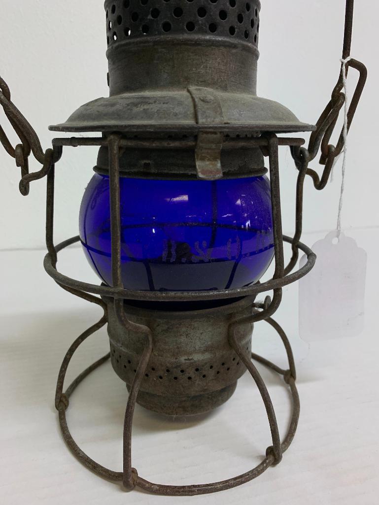 9" Antique 1925 Armspear B & O Railroad Lantern Blue Glass Globe