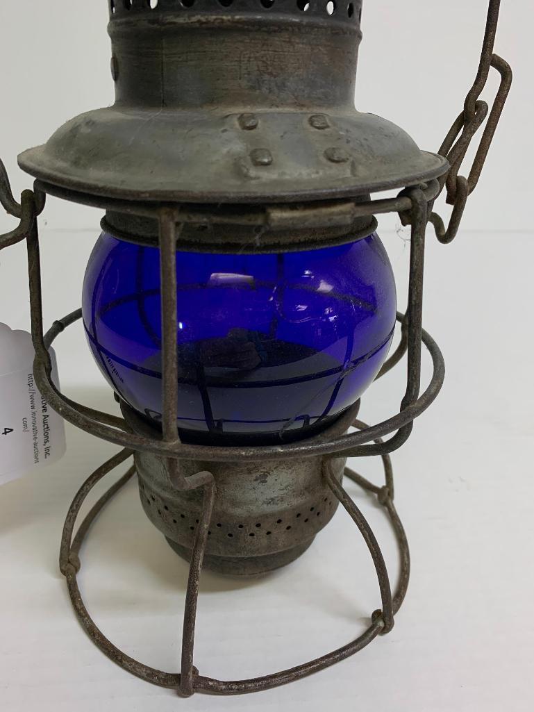 9" Antique 1925 Armspear B & O Railroad Lantern Blue Glass Globe