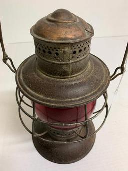 11" Antique Railroad Lantern Red Glass Globe No Markings