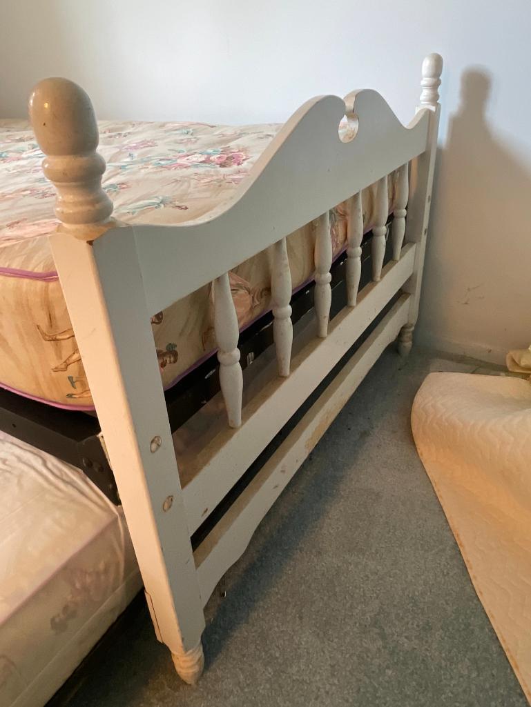 Twin Bedframe w/Trundle Incl Headboard, Footboard & Mattresses. The Mattresses are Older but Clean