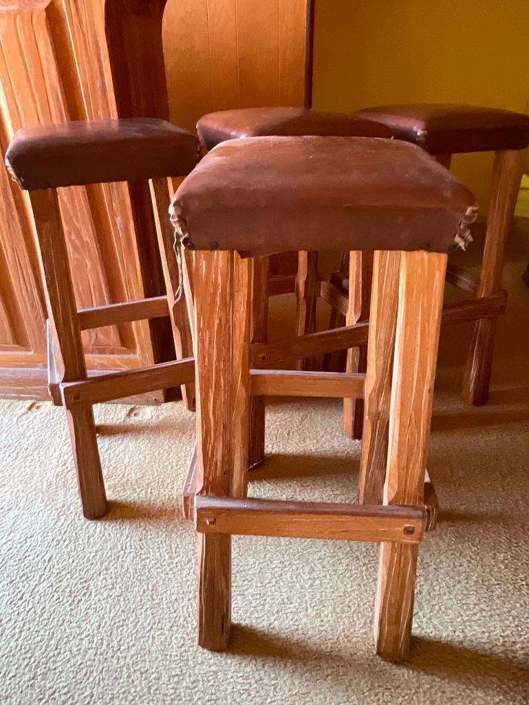 Vintage Ranch Oak Bar Stools w/Leather Seats. Set of 4. Has Scuffs from Use. They are 30" Tall