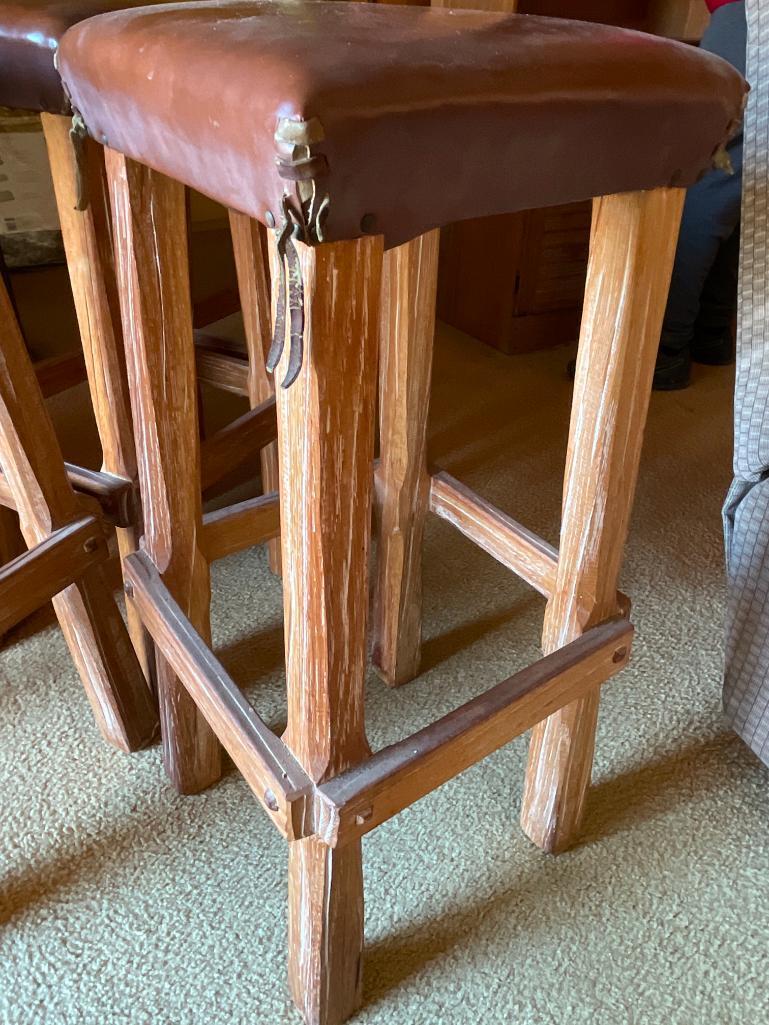 Vintage Ranch Oak Bar Stools w/Leather Seats. Set of 4. Has Scuffs from Use. They are 30" Tall