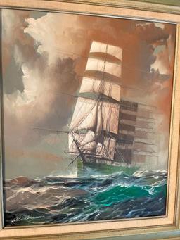 31" x 27" Framed Original Oil on Canvas of Ship Signed by Artist