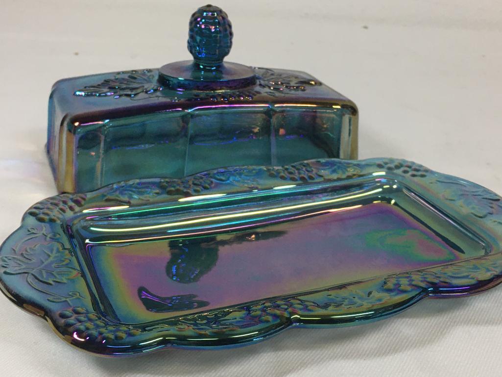 Blue Carnival Glass Covered Butter Dish