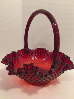 Red Fenton Glass Ruffled Top Hobnail Basket w/Applied Handle