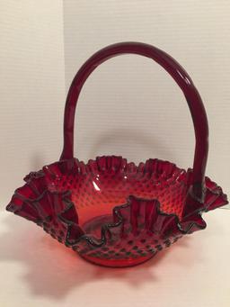 Red Fenton Glass Ruffled Top Hobnail Basket w/Applied Handle