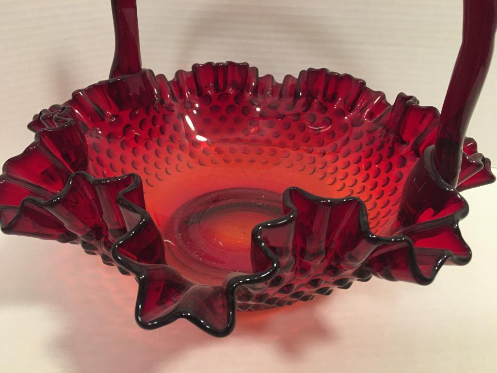 Red Fenton Glass Ruffled Top Hobnail Basket w/Applied Handle