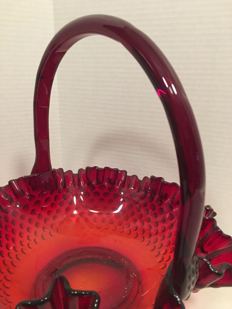 Red Fenton Glass Ruffled Top Hobnail Basket w/Applied Handle