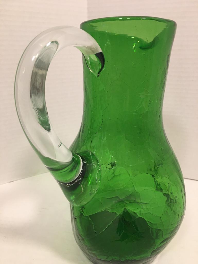 Crackled Green Glass Pitcher w/Applied Handle