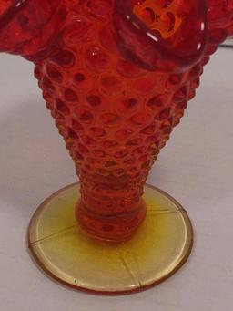 Fenton Hobnail Red Orange Ombre Ruffle Top Vase