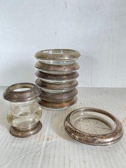 Sterling Silver Rimmed Glass Coasters & Toothpick Holder