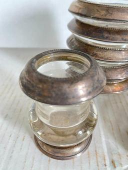 Sterling Silver Rimmed Glass Coasters & Toothpick Holder