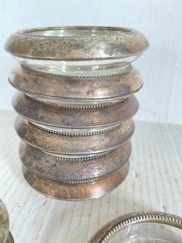 Sterling Silver Rimmed Glass Coasters & Toothpick Holder