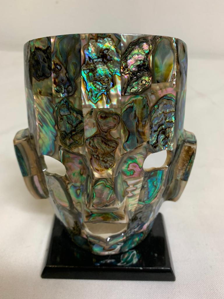 Vintage Mayan Abalone Shell Mask Sculpture on Stand