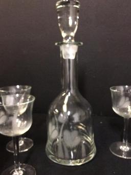 Etched Decanter w/Ground Stopper & 5 Wine Glasses