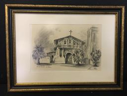 Vintage Framed & Signed Original Sketch "Mission Delores" by Alec Stern