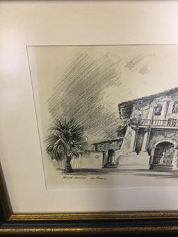 Vintage Framed & Signed Original Sketch "Mission Delores" by Alec Stern