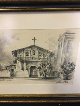 Vintage Framed & Signed Original Sketch "Mission Delores" by Alec Stern