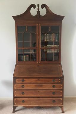 Antique Secretary Desk Bookcase w/Wood Inlay Detail