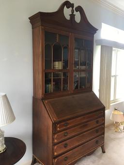 Antique Secretary Desk Bookcase w/Wood Inlay Detail