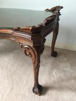 Vintage Claw & Ball Foot Ornate Wood Coffee Table with Glass Top