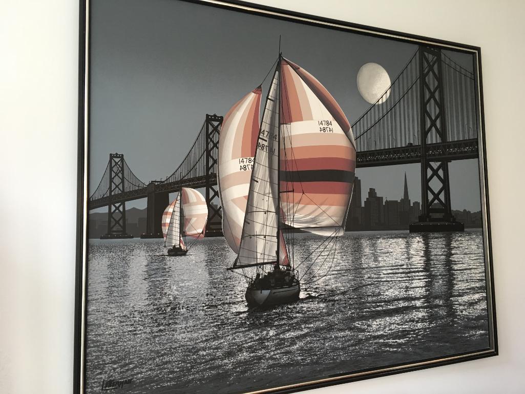 Framed Letterman Silk Screen Print of Bay Bridge in San Francisco