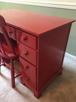 Red Painted Wood Desk with Chair