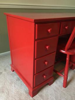 Red Painted Wood Desk with Chair