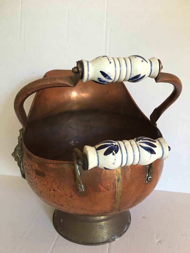 Copper Coal Hod with Porcelain Handles