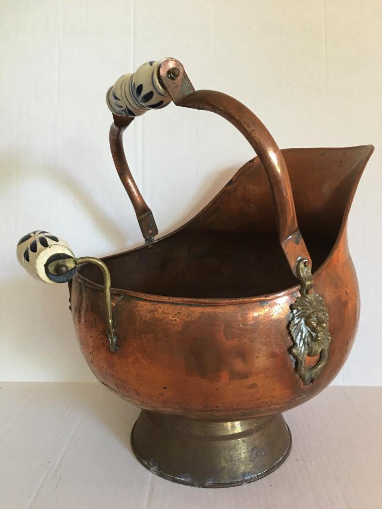 Copper Coal Hod with Porcelain Handles