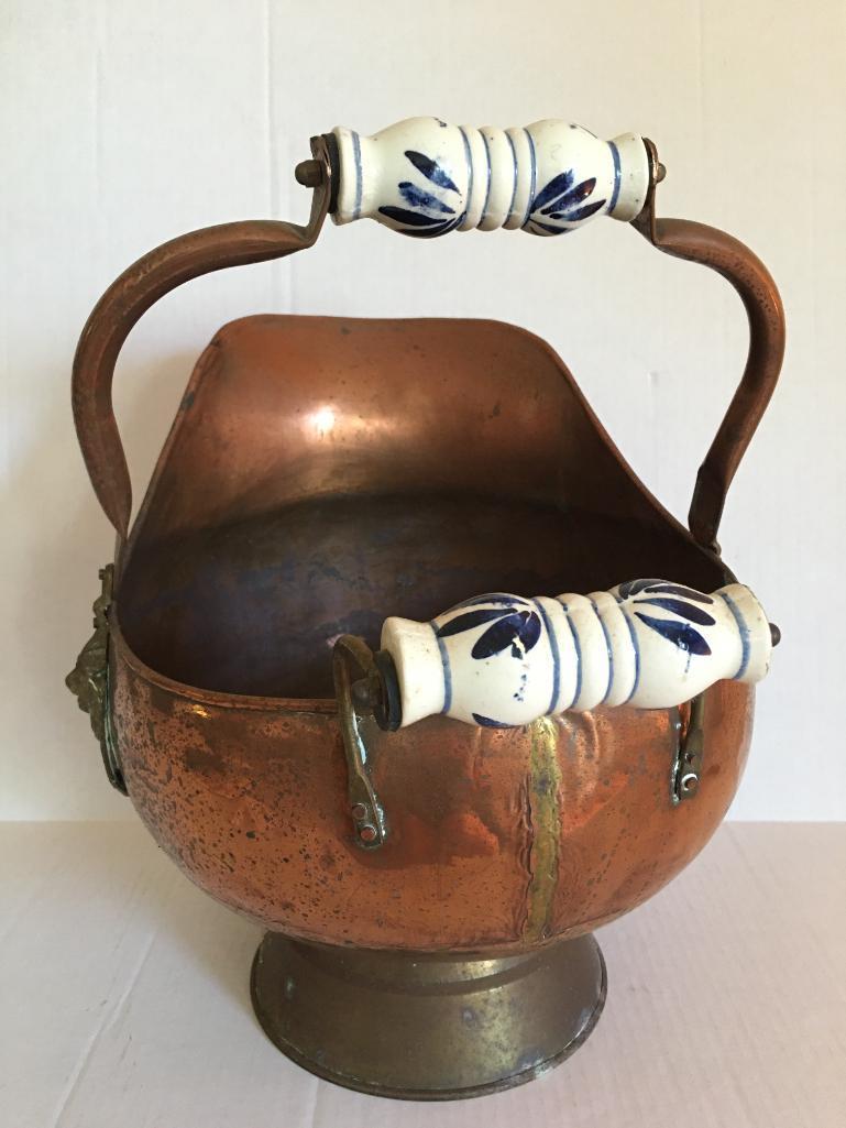 Copper Coal Hod with Porcelain Handles