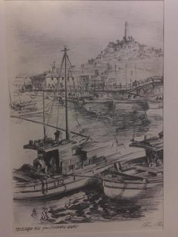 Vintage Framed and Signed Original Sketch "Telegraph Hill From Fishermens Wharf" by Alec Stern