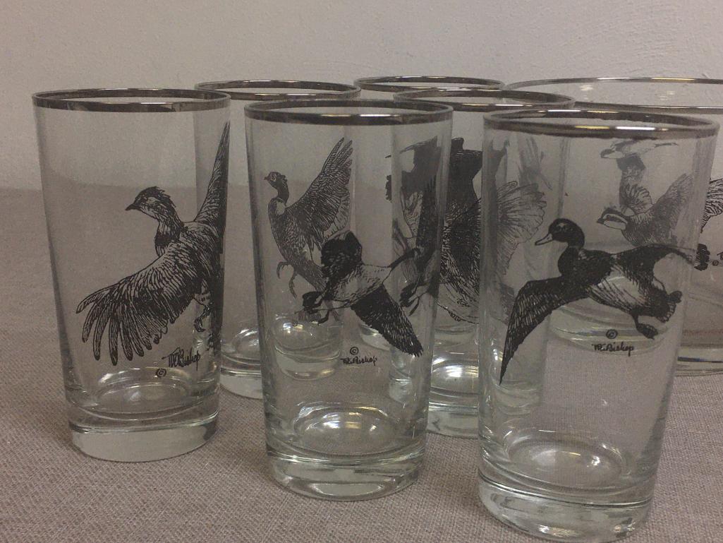 Midcentury Richard Bishop Waterfowl Drinking Glasses and Ice Bucket