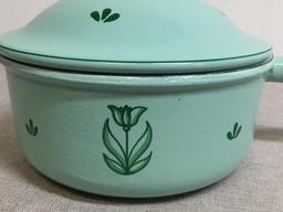 Vintage DRU Holland #22 Aqua Blue/Green Enamel Cast Iron Pot w/Lid