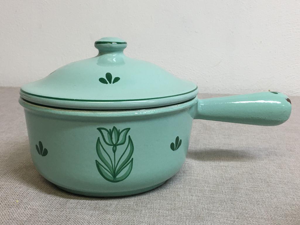 Vintage DRU Holland #16 Aqua Blue/Green Enamel Cast Iron Pot w/Lid