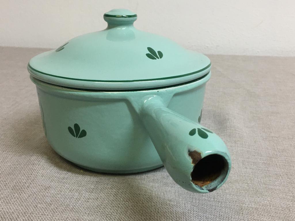 Vintage DRU Holland #16 Aqua Blue/Green Enamel Cast Iron Pot w/Lid