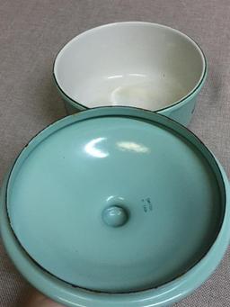 Vintage DRU Holland #16 Aqua Blue/Green Enamel Cast Iron Pot w/Lid