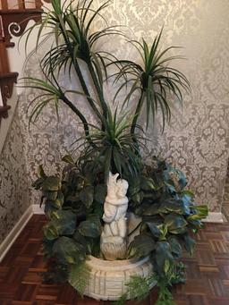Two Piece Resin Water Fountain w/Faux Plants and Lights